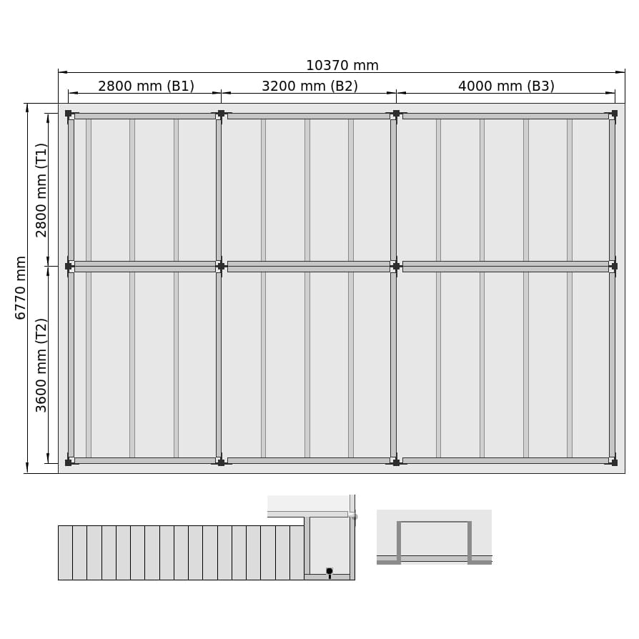 Lagerbühnen LBX 8000 Rechteck, 6 Felder, B: 10.370 mm, T: 6.770 mm mm, Treppe: aussenMitPodest, Übergabe: mitKetteGesichert