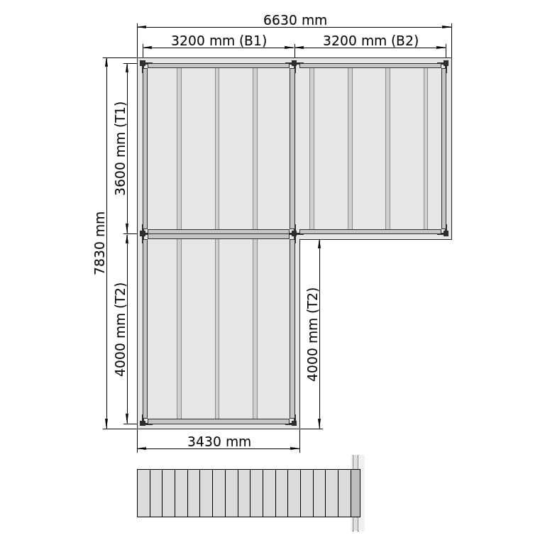 Lagerbühnen LBX 8000 L-Form links, 3 Felder, B: 6.630 mm, T: 7.830 mm mm, Treppe: vorgesetzt, Übergabe: ohne