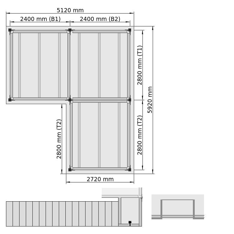 Lagerbühnen LBX 8000 L-Form rechts, 3 Felder, B: 5.520 mm, T: 5.920 mm mm, Treppe: aussenMitPodest, Übergabe: mitKetteGesichert