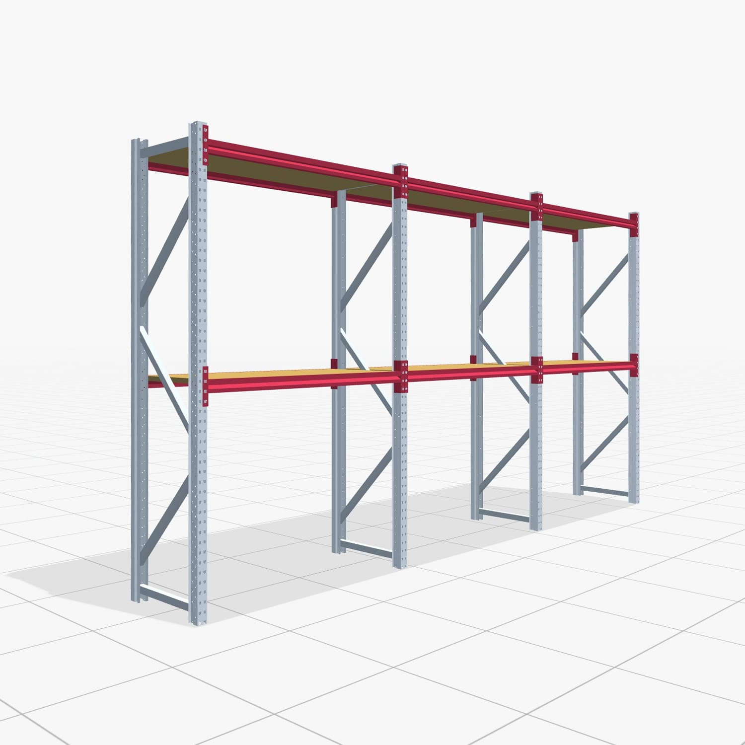 Weitspannregale WSX 5000, H: 2.400 mm, B: 4.748 mm mm, T: 600 mm, Ebenen: 3, Feldbreite: 1.500 mm, Auflage: Spanplatte
