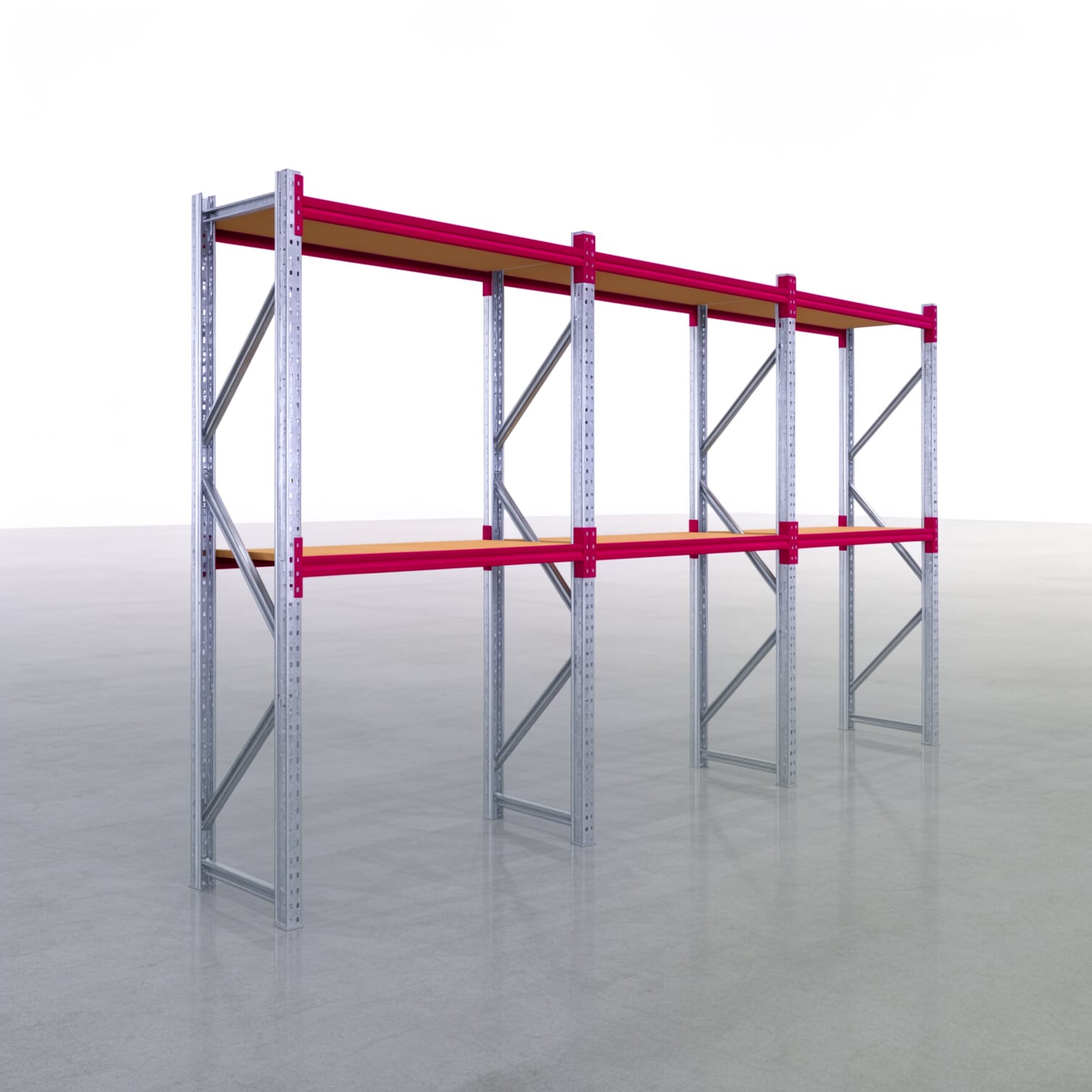 Weitspannregale WSX 5000, H: 2.400 mm, B: 4.748 mm mm, T: 600 mm, Ebenen: 3, Feldbreite: 1.500 mm, Auflage: Spanplatte