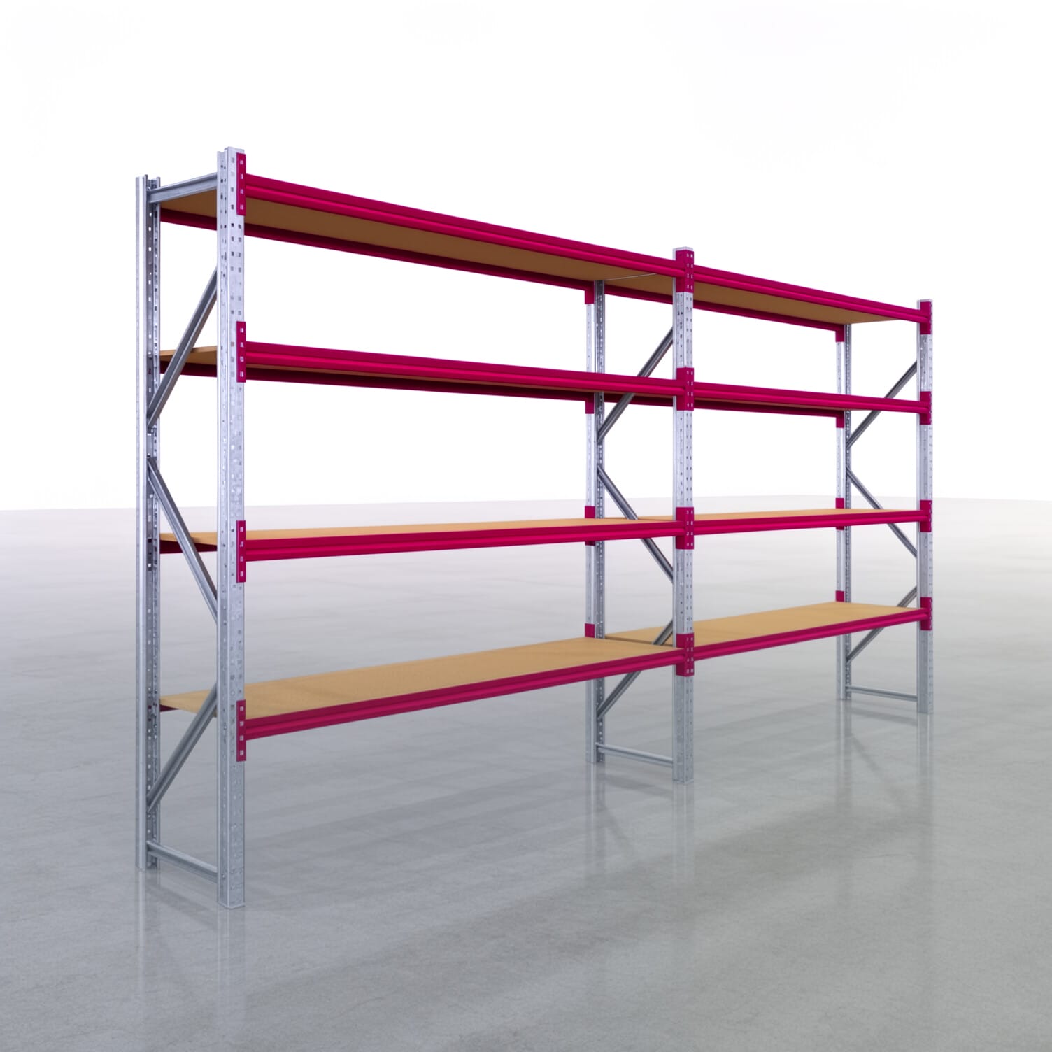 Weitspannregale WSX 5000, H: 2.400 mm, B: 5.167 mm mm, T: 600 mm, Ebenen: 5, Feldbreite: 2.500 mm, Auflage: Spanplatte