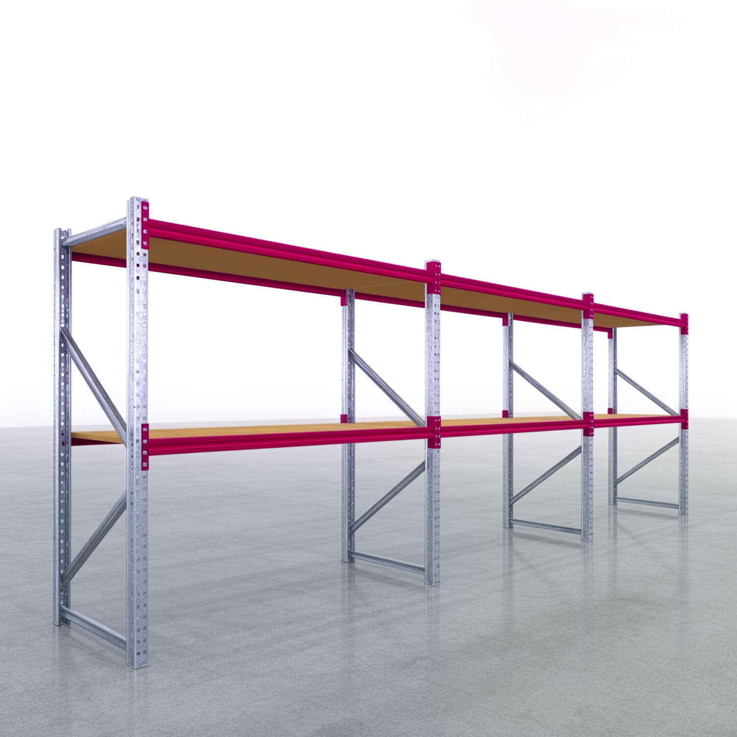 Weitspannregale WSX 5000, H: 2.000 mm, B: 6.233 mm mm, T: 800 mm, Ebenen: 3, Feldbreite: 2.000 mm, Auflage: Spanplatte