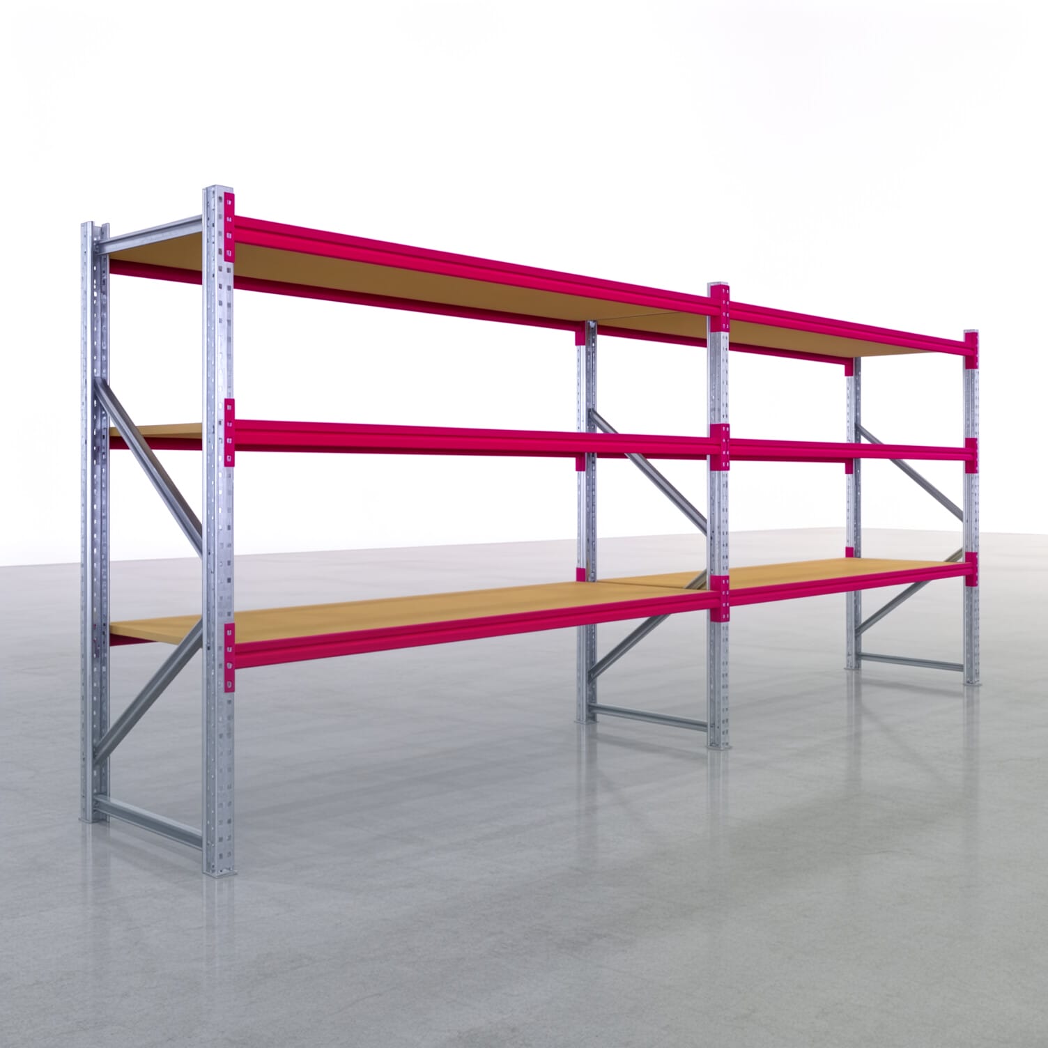 Weitspannregale WSX 5000, H: 2.000 mm, B: 5.167 mm mm, T: 800 mm, Ebenen: 4, Feldbreite: 2.500 mm, Auflage: Spanplatte