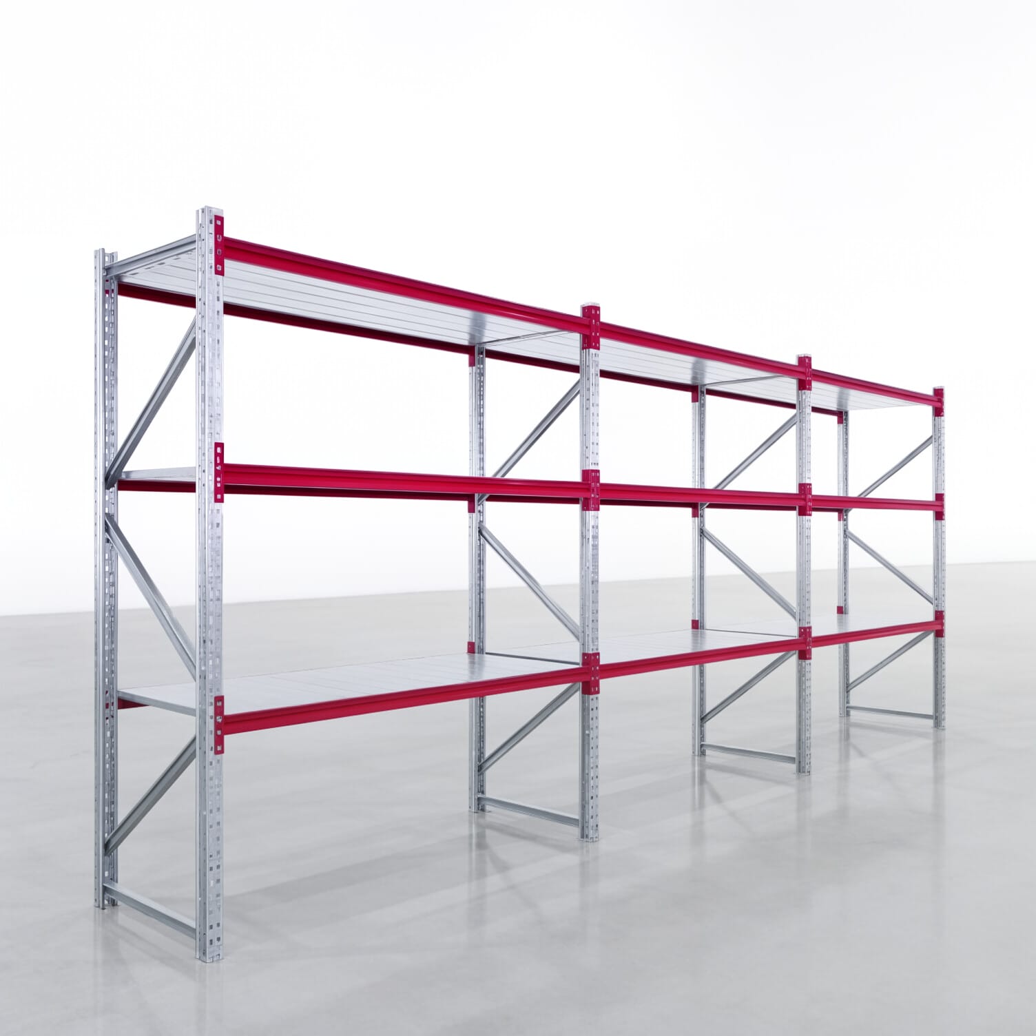 Weitspannregale WSX 5000, H: 2.400 mm, B: 6.233 mm mm, T: 800 mm, Ebenen: 4, Feldbreite: 2.000 mm, Auflage: Stahlboden